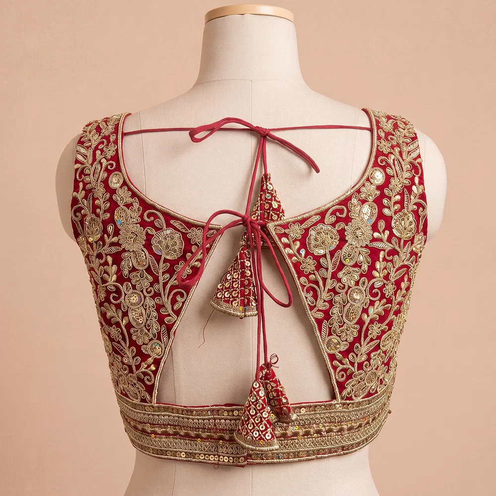 Red Italian Silk Heavy Coding Hand Work Sleeveless Designer Blouse — view 3