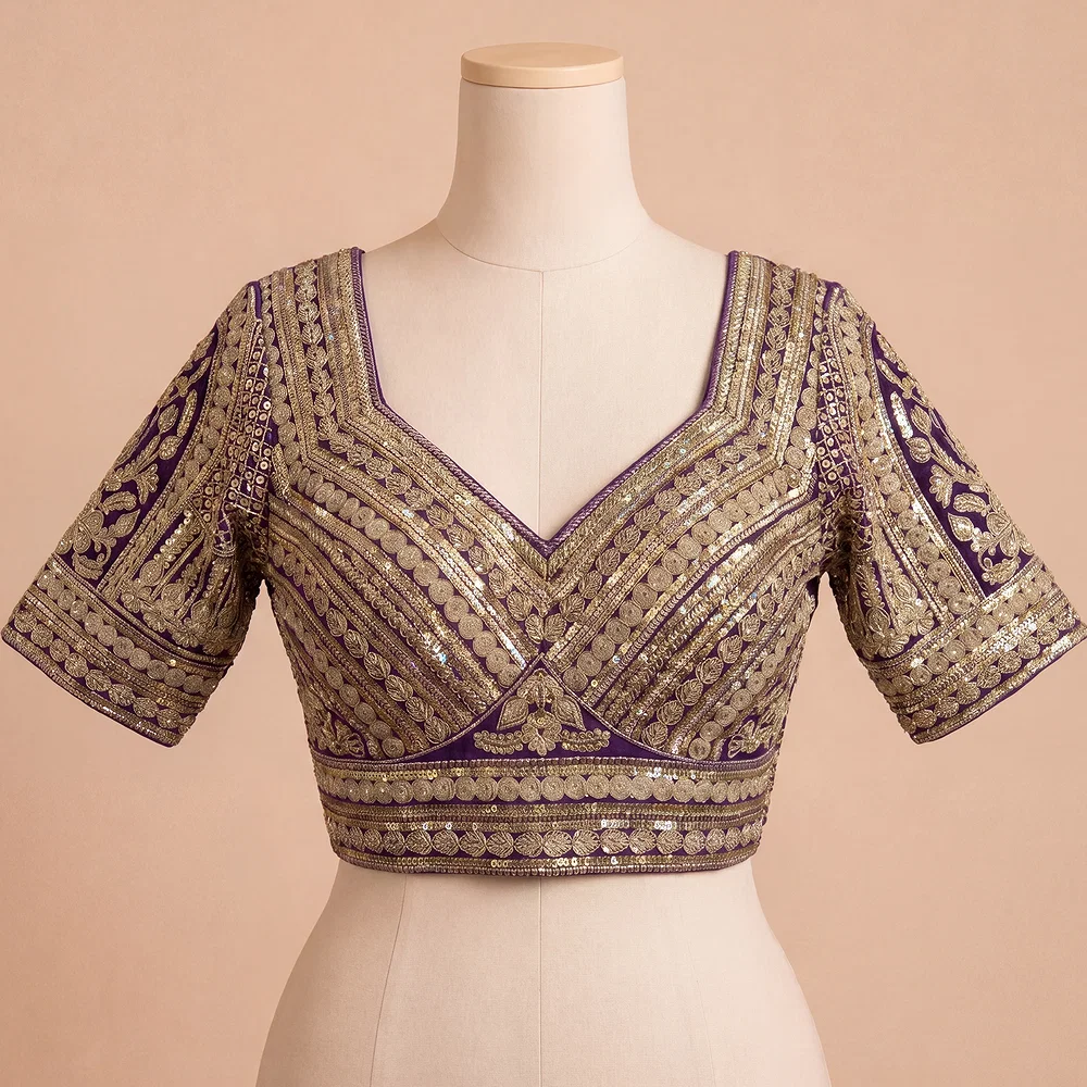 Purple Bridal Italian Silk Embroidered Designer Readymade Blouse — view 2