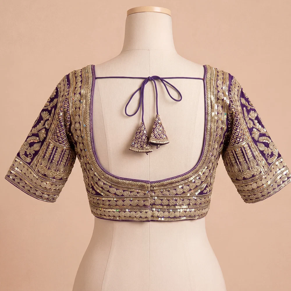 Purple Bridal Italian Silk Embroidered Designer Readymade Blouse — view 3