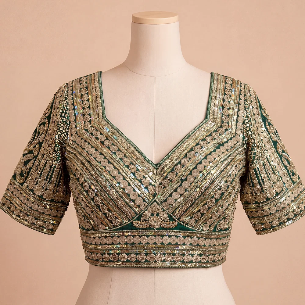 Green Bridal Italian Silk Embroidered Designer Readymade Blouse — view 2