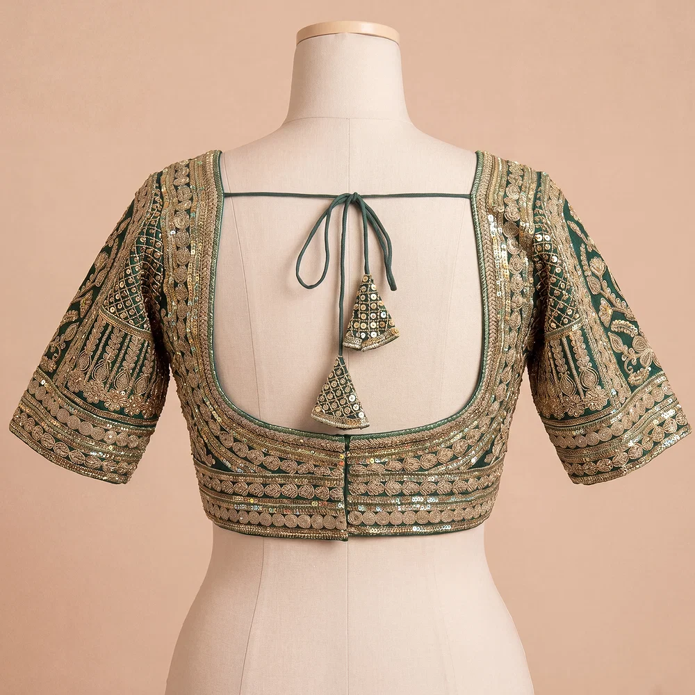 Green Bridal Italian Silk Embroidered Designer Readymade Blouse — view 3