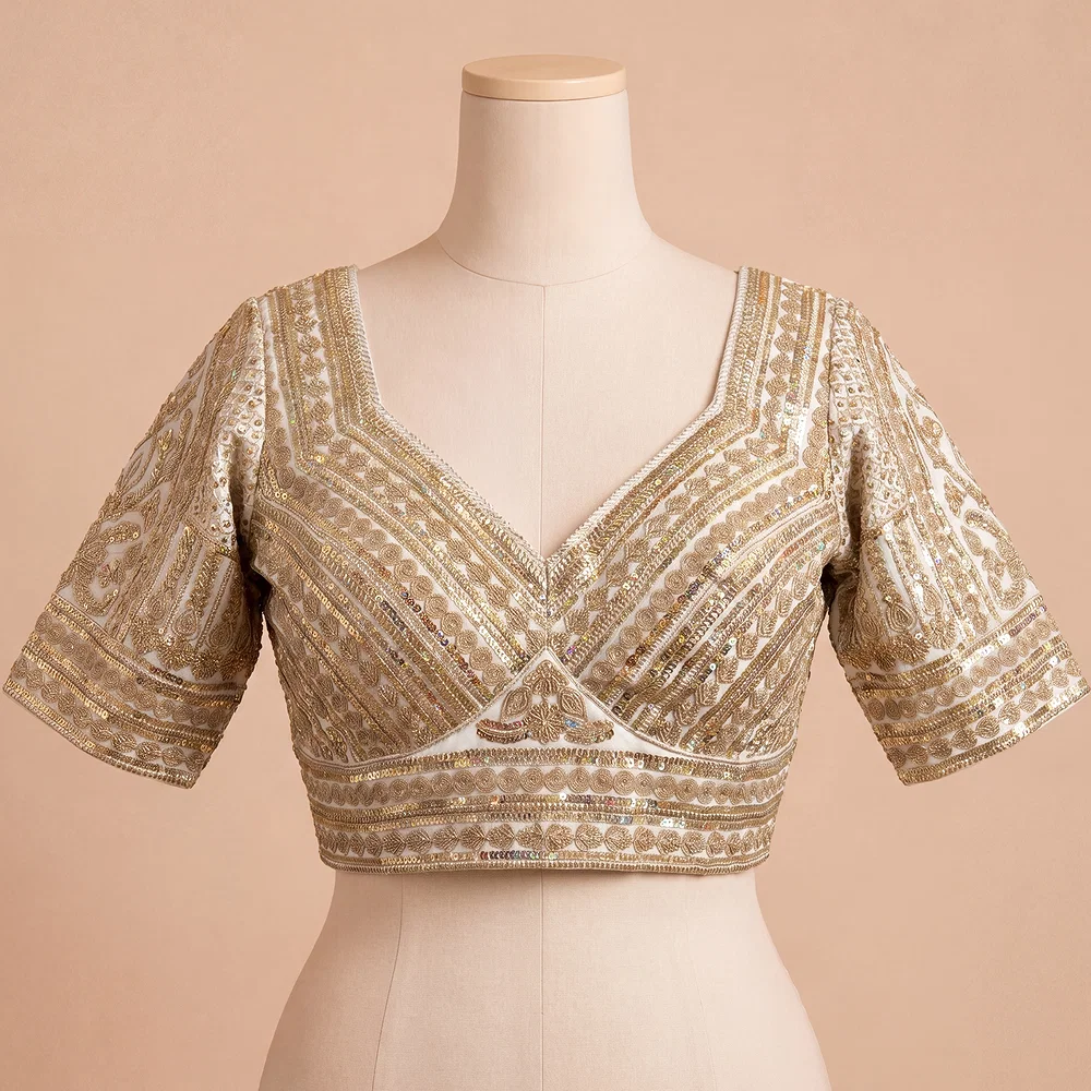 White Bridal Italian Silk Embroidered Designer Readymade Blouse — view 2