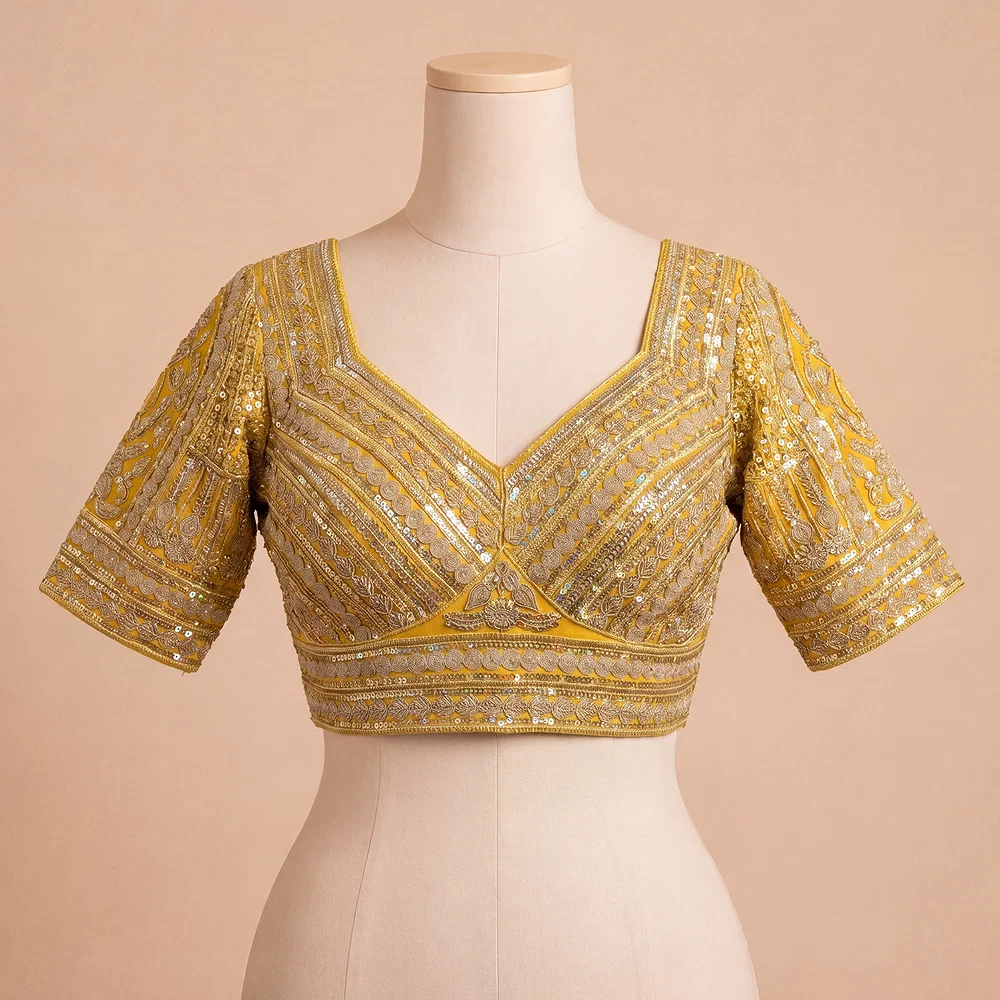 Yellow Bridal Italian Silk Embroidered Designer Readymade Blouse — view 2