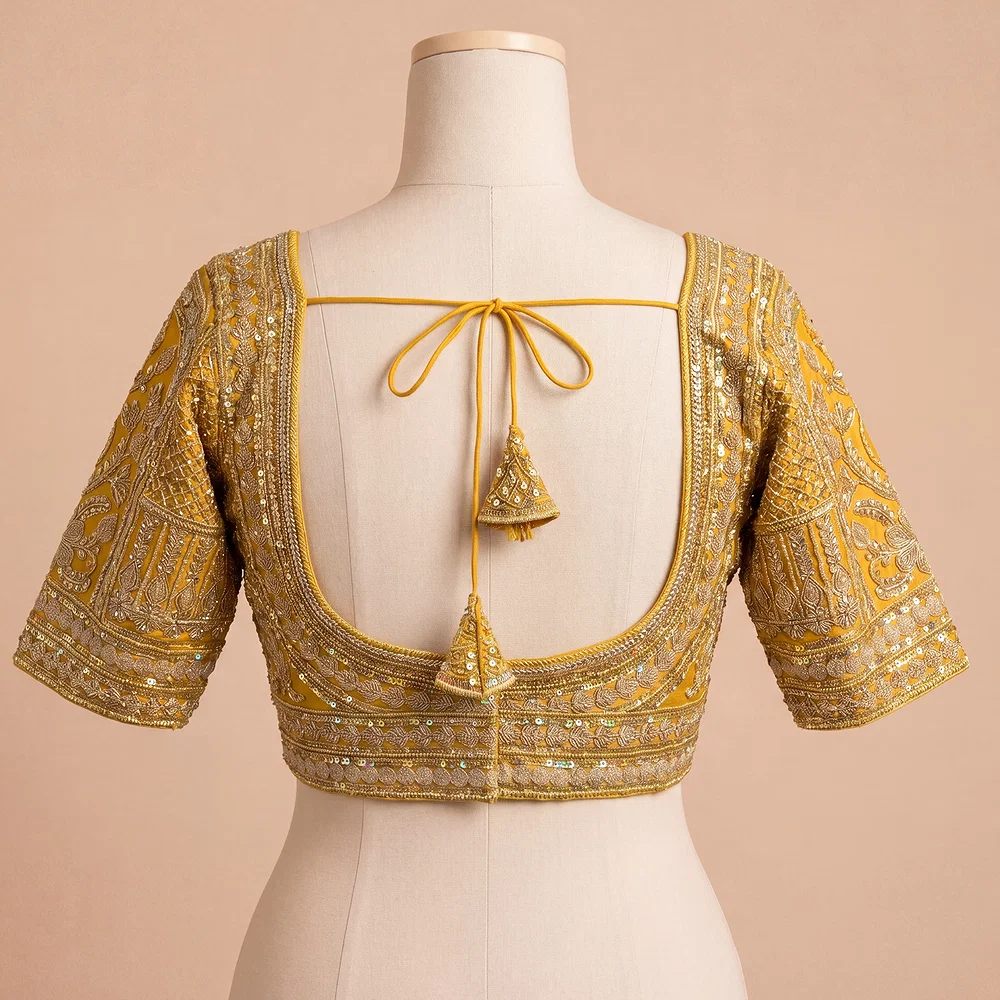 Yellow Bridal Italian Silk Embroidered Designer Readymade Blouse — view 3