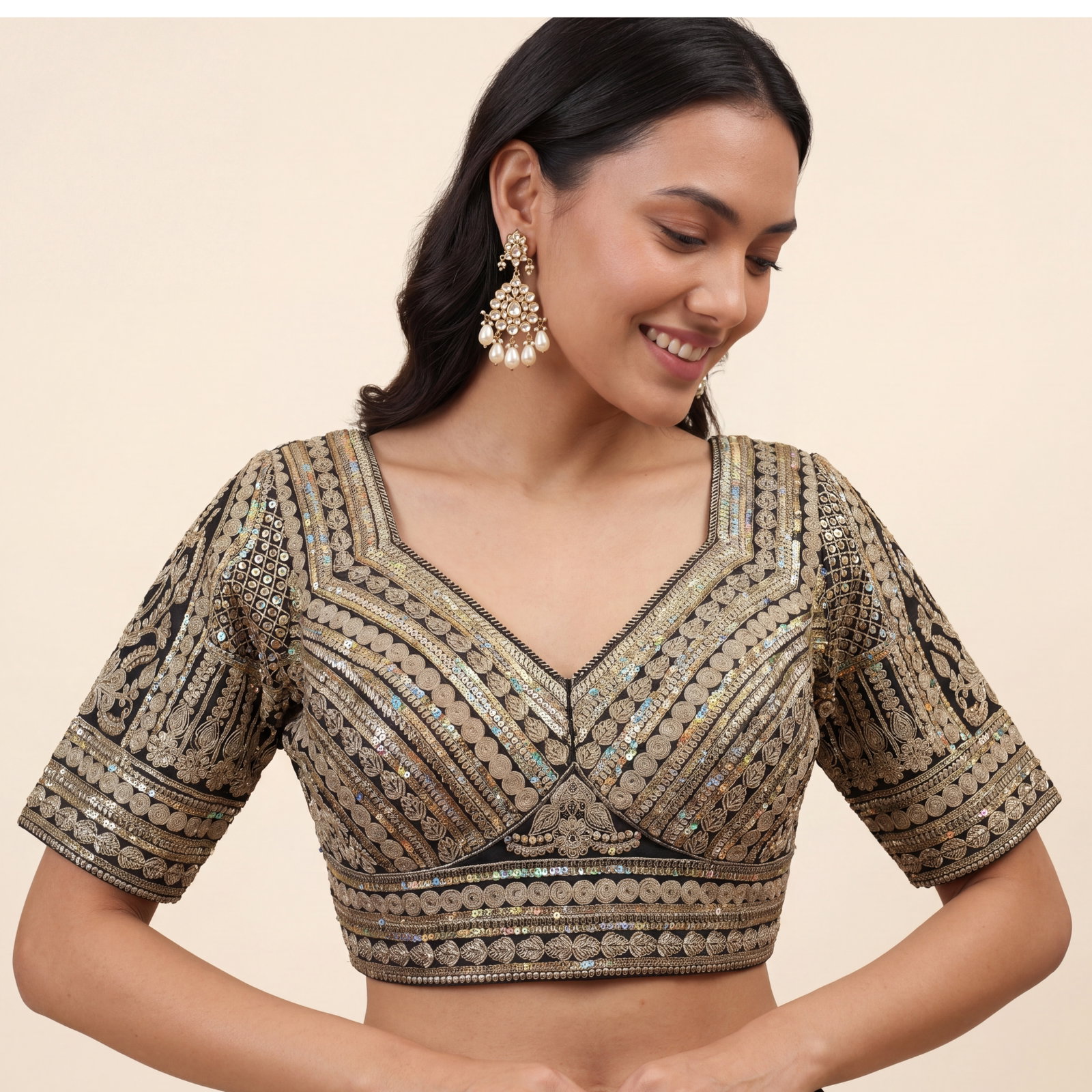 Black Bridal Italian Silk Embroidered Designer Readymade Blouse