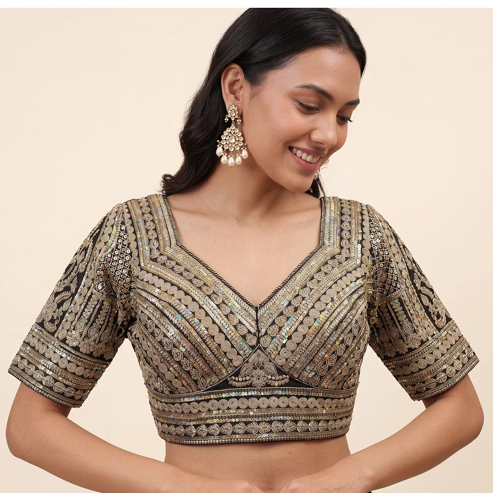 Black Bridal Italian Silk Embroidered Designer Readymade Blouse — view 1