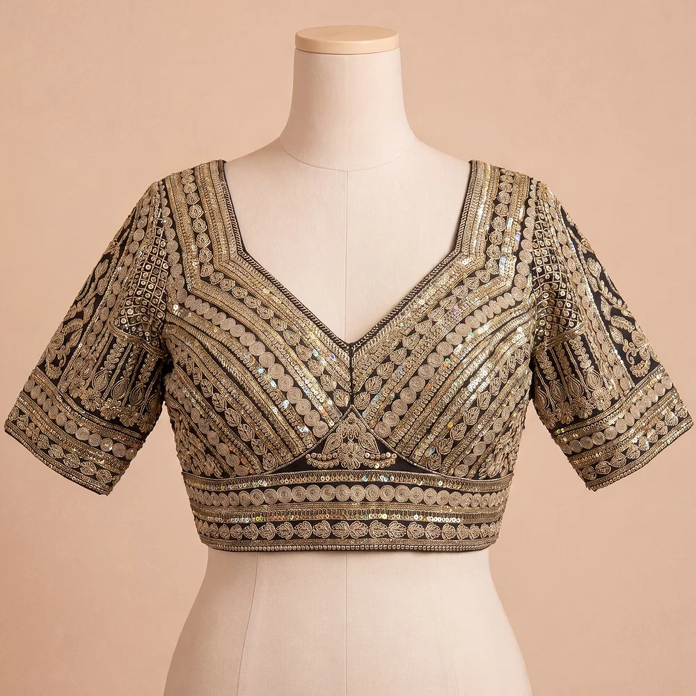 Black Bridal Italian Silk Embroidered Designer Readymade Blouse — view 2