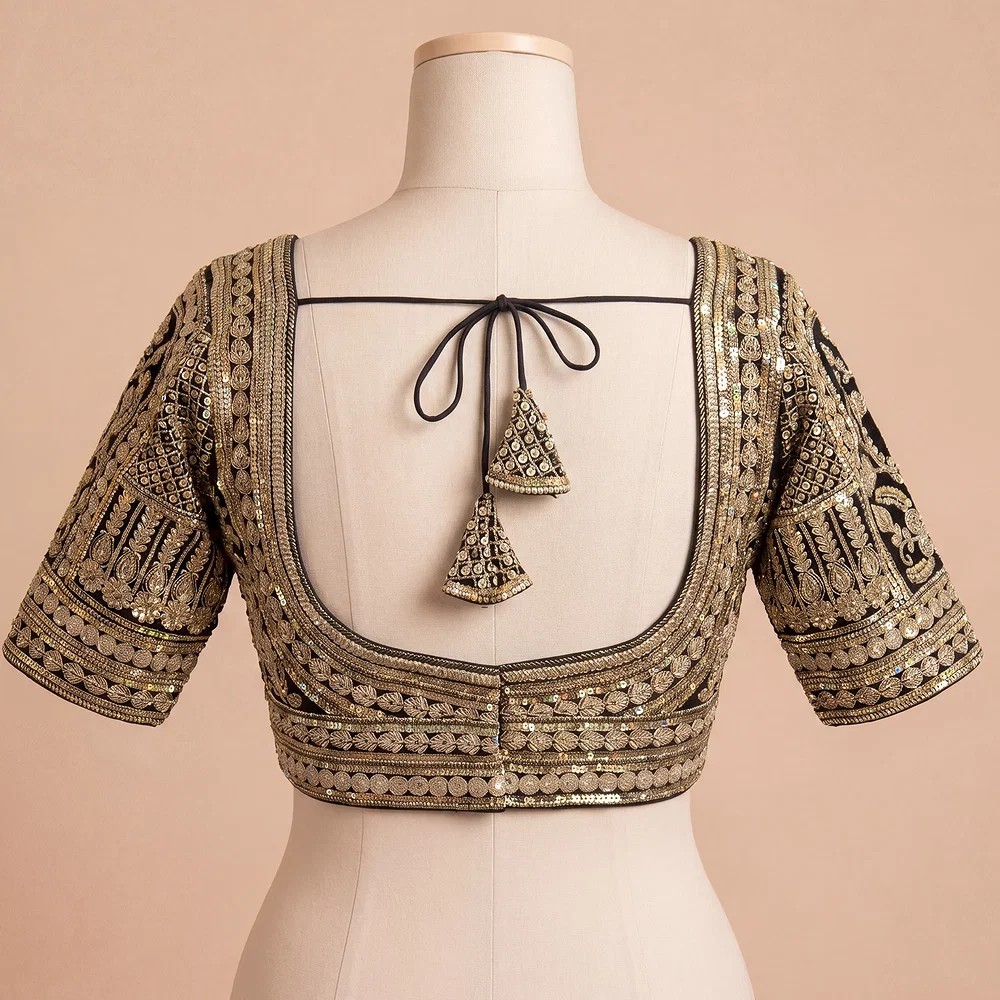 Black Bridal Italian Silk Embroidered Designer Readymade Blouse — view 3