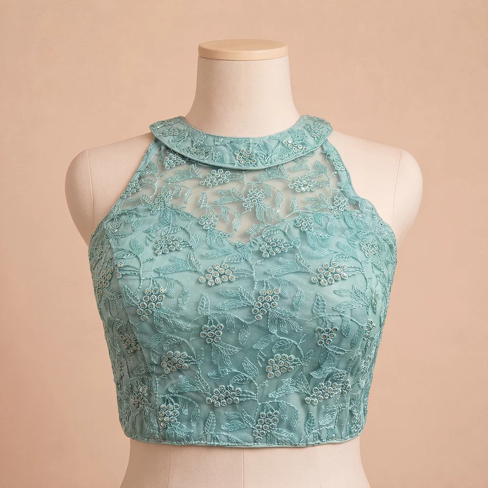 Rama Halter Neck Heavy Thread Work Net Blouse — view 2