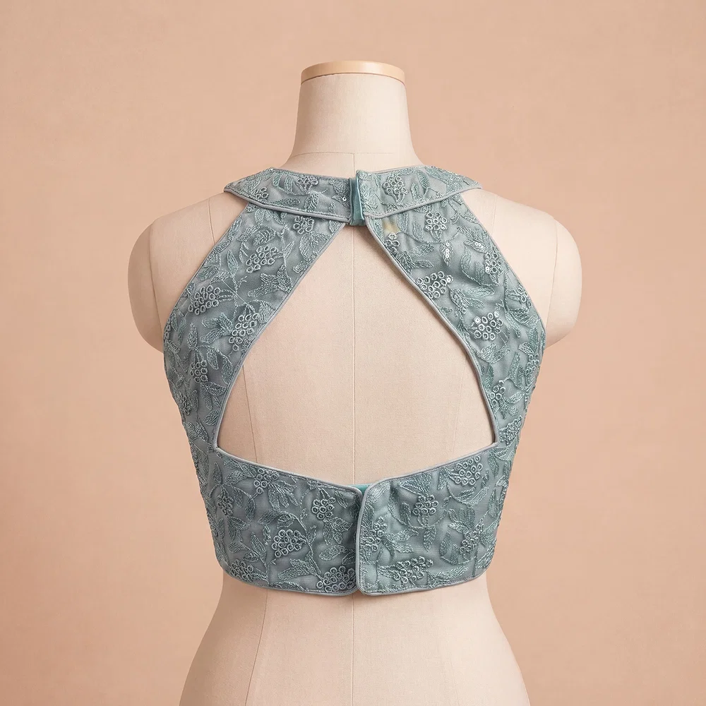Rama Halter Neck Heavy Thread Work Net Blouse — view 3
