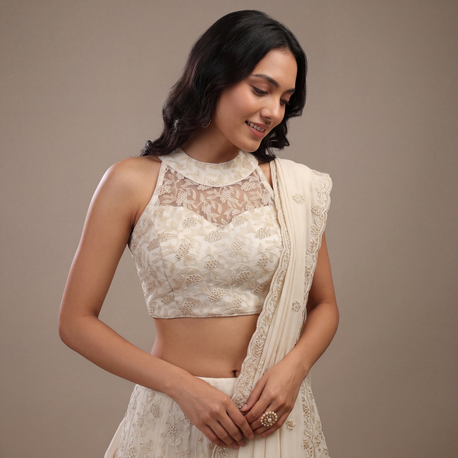 White Halter Neck Heavy Thread Work Net Blouse