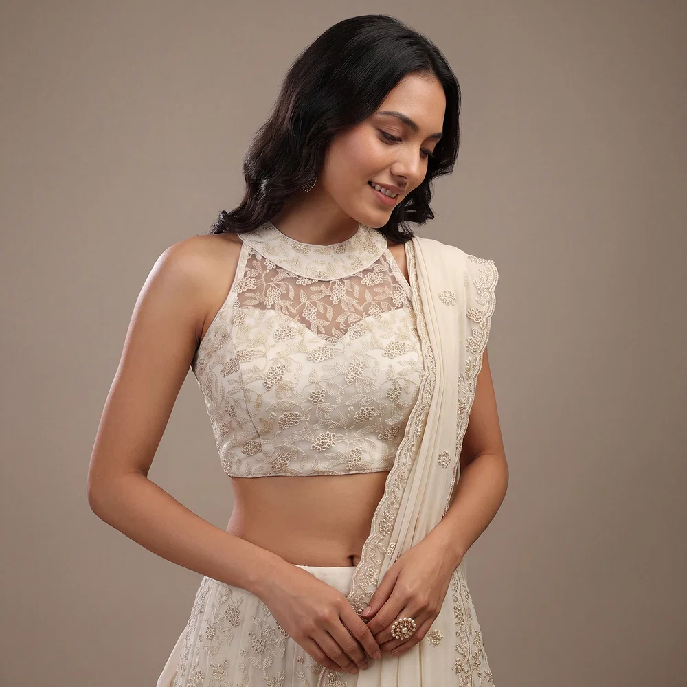 White Halter Neck Heavy Thread Work Net Blouse — view 1