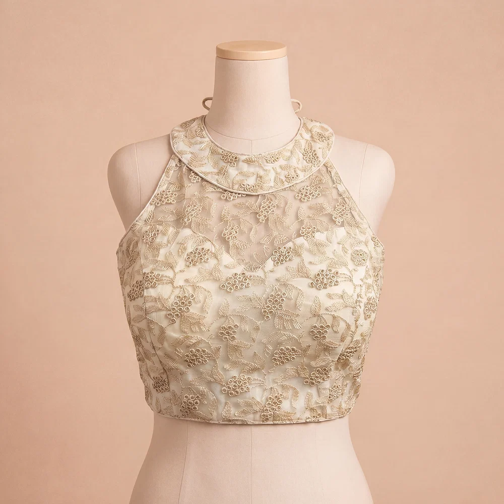 White Halter Neck Heavy Thread Work Net Blouse — view 2