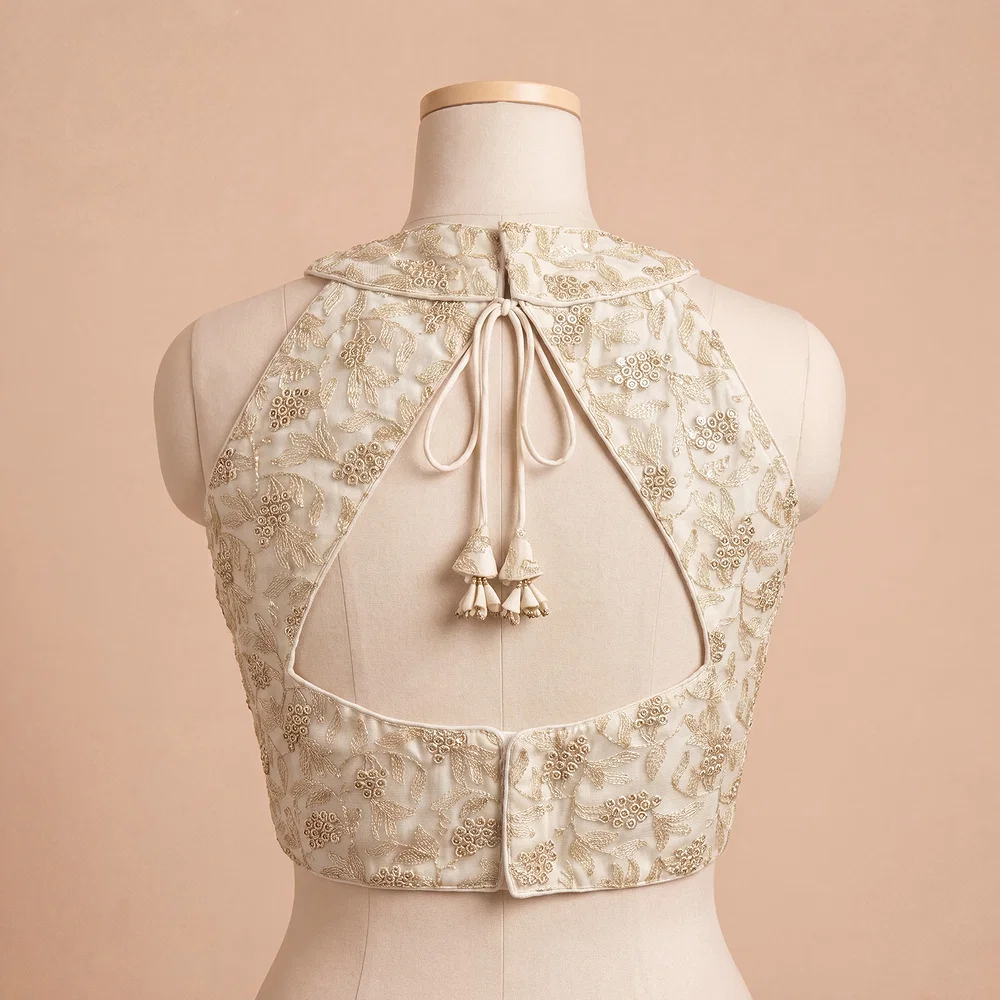 White Halter Neck Heavy Thread Work Net Blouse — view 3