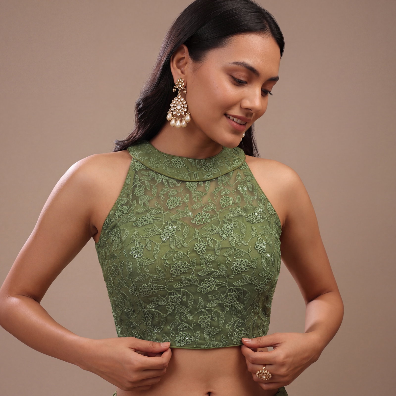 Green Halter Neck Heavy Thread Work Net Blouse