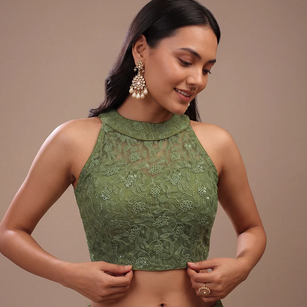 Green Halter Neck Heavy Thread Work Net Blouse — view 1
