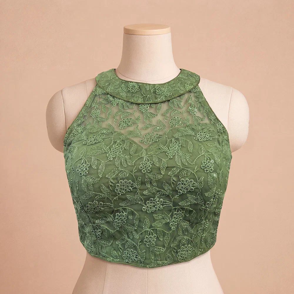 Green Halter Neck Heavy Thread Work Net Blouse — view 2