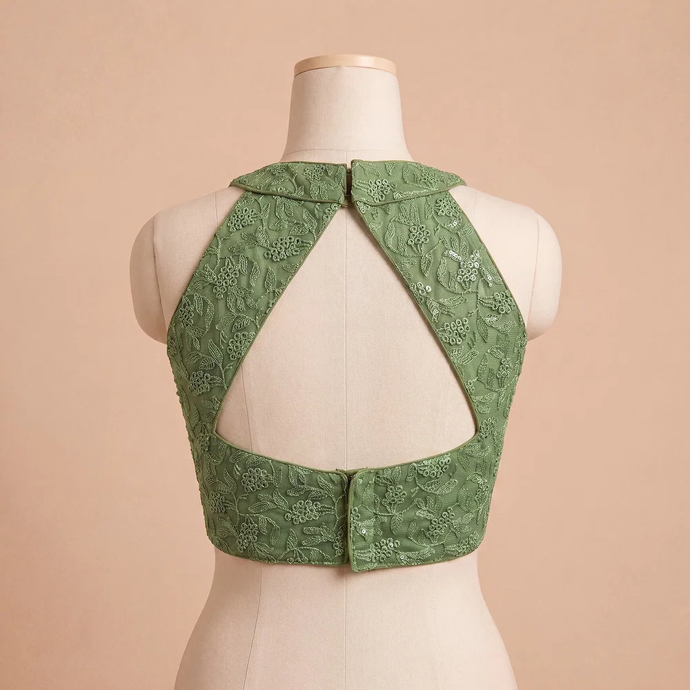 Green Halter Neck Heavy Thread Work Net Blouse — view 3