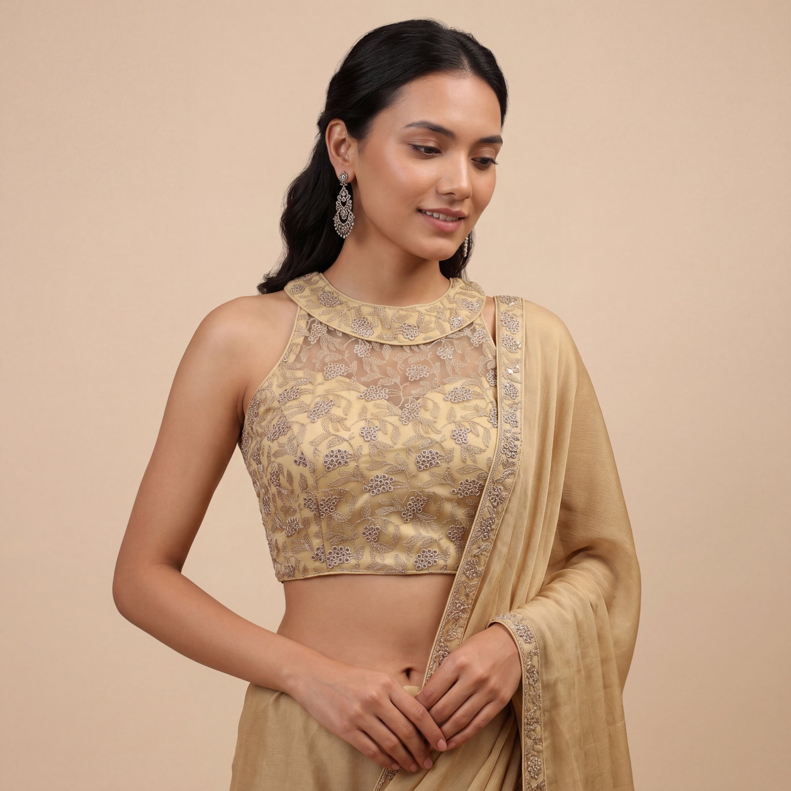 Gold Halter Neck Heavy Thread Work Net Blouse