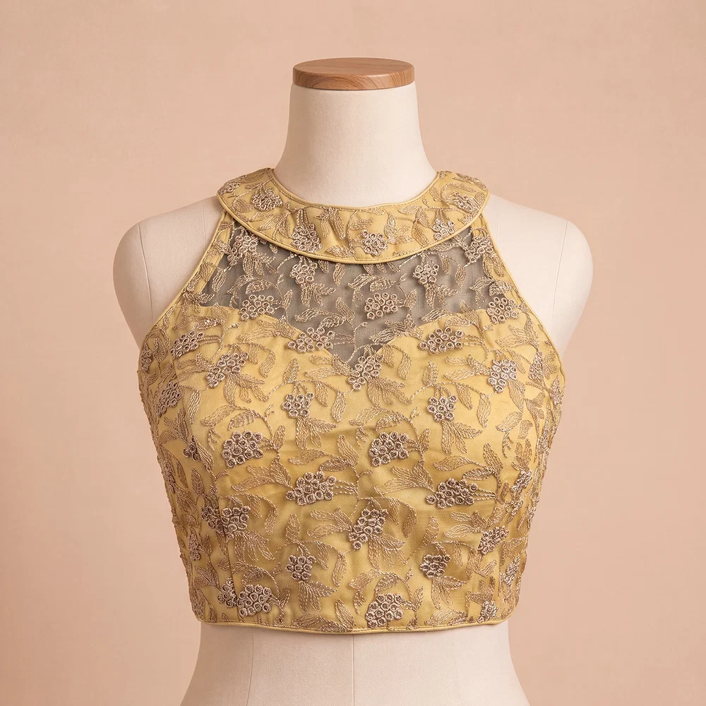 Gold Halter Neck Heavy Thread Work Net Blouse — view 2