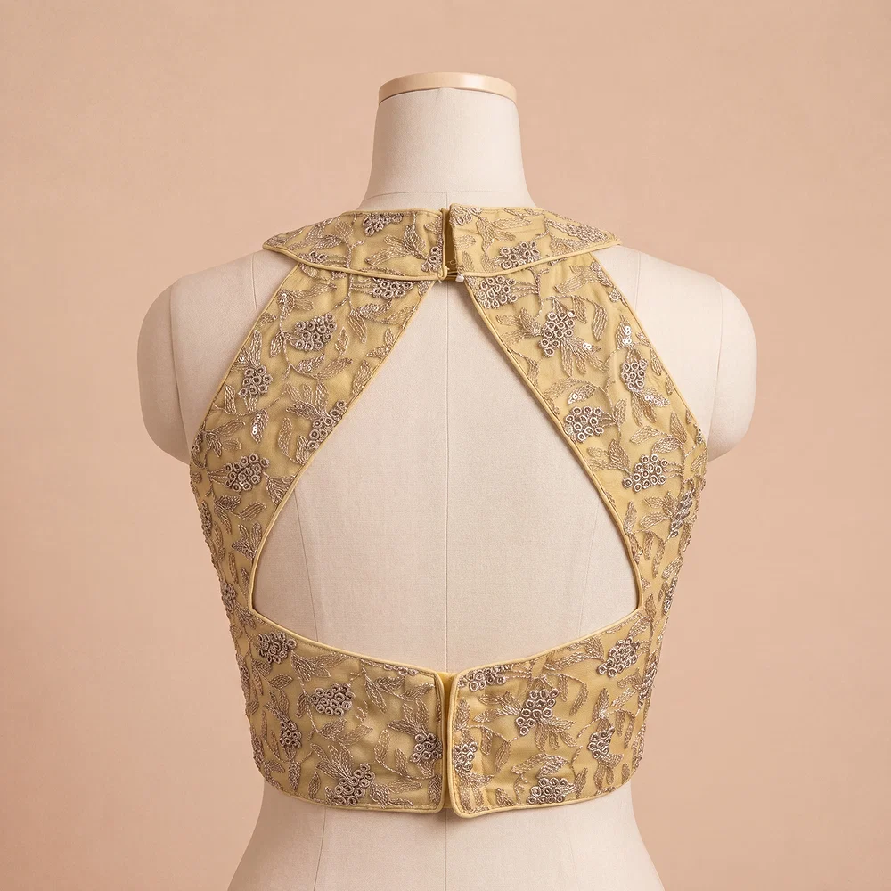 Gold Halter Neck Heavy Thread Work Net Blouse — view 3