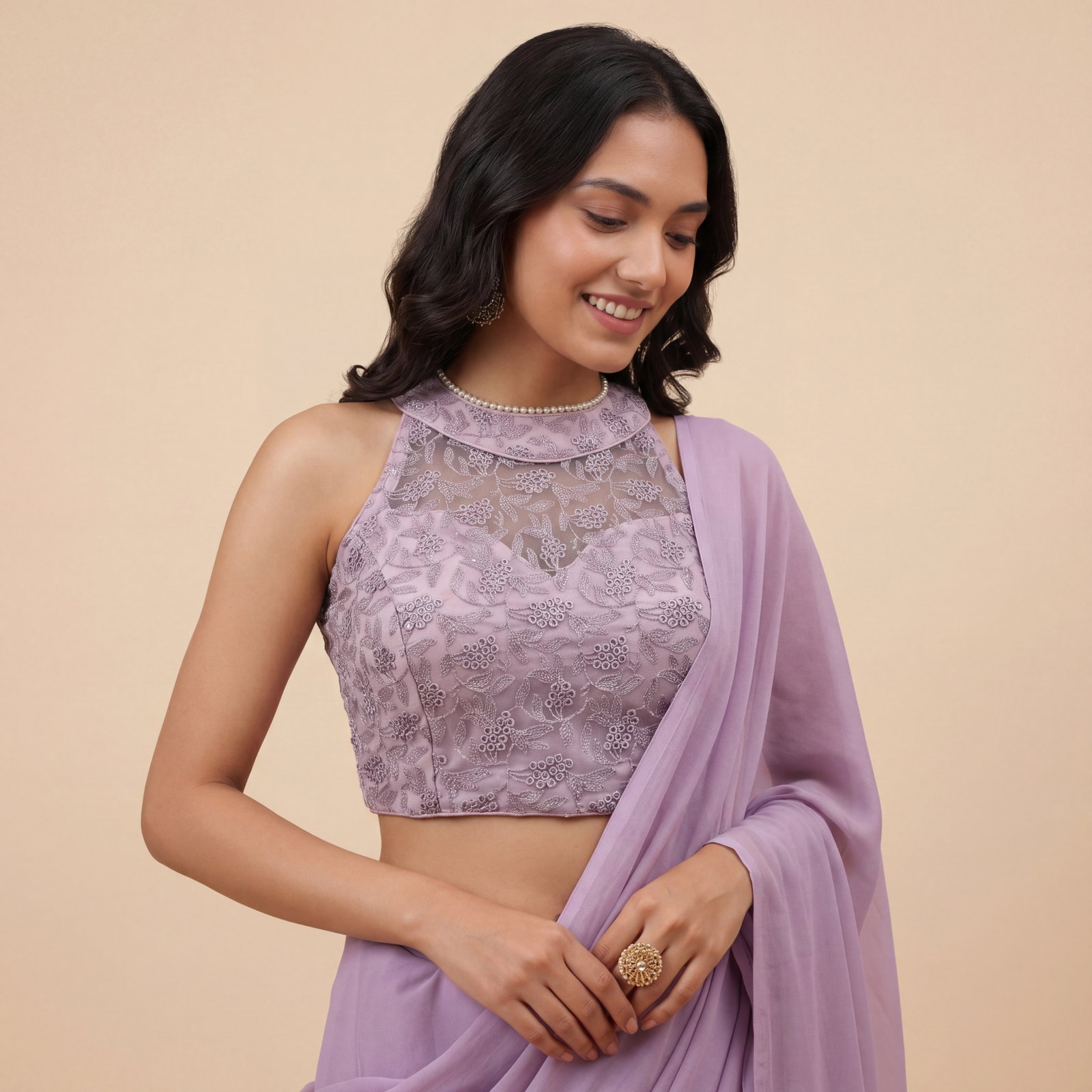 Purple Halter Neck Heavy Thread Work Net Blouse