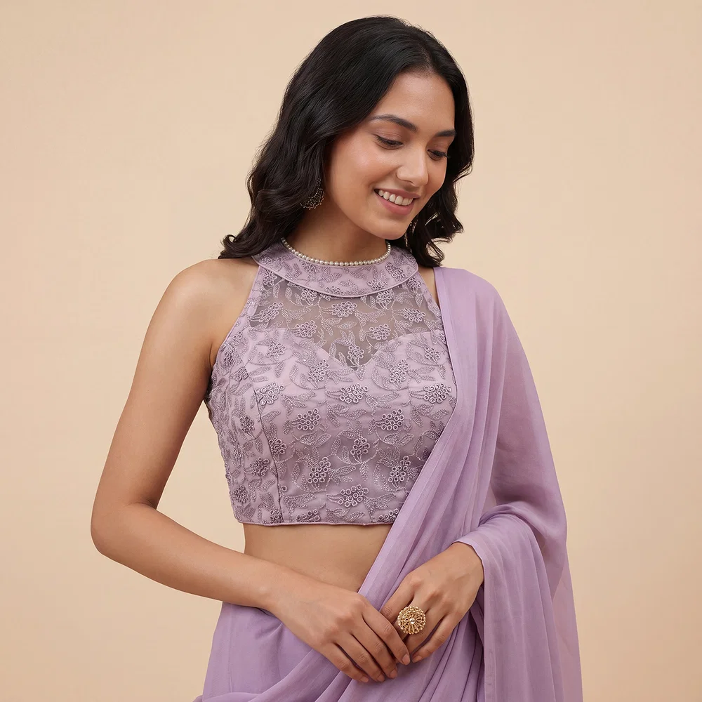 Purple Halter Neck Heavy Thread Work Net Blouse — view 1