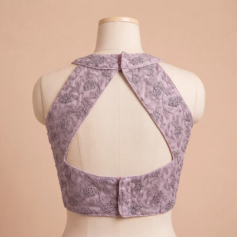 Purple Halter Neck Heavy Thread Work Net Blouse — view 3