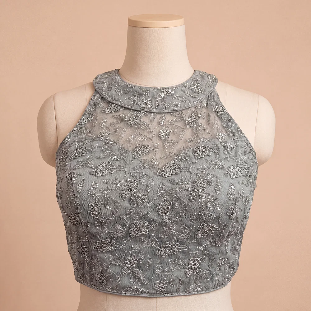 Grey Halter Neck Heavy Thread Work Net Blouse — view 2