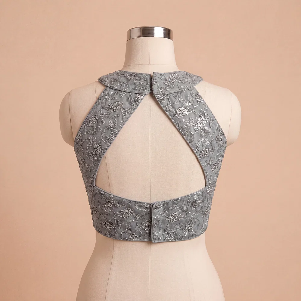 Grey Halter Neck Heavy Thread Work Net Blouse — view 3