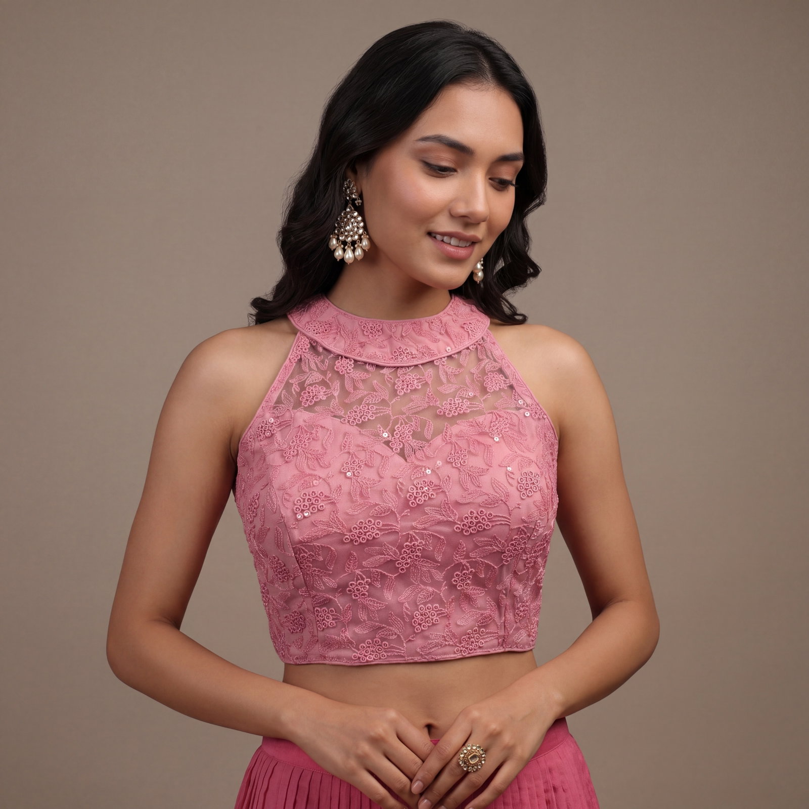 Pink Halter Neck Heavy Thread Work Net Blouse