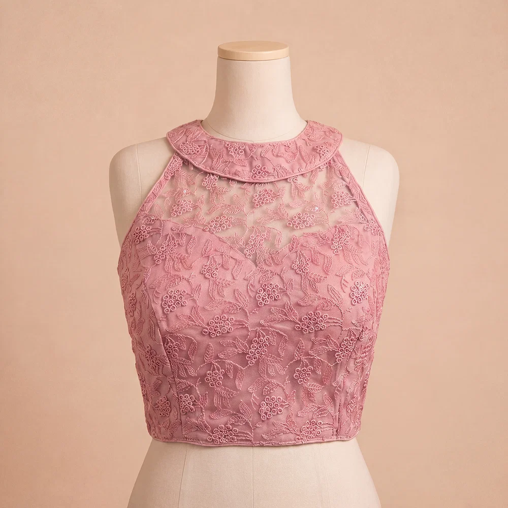 Pink Halter Neck Heavy Thread Work Net Blouse — view 2