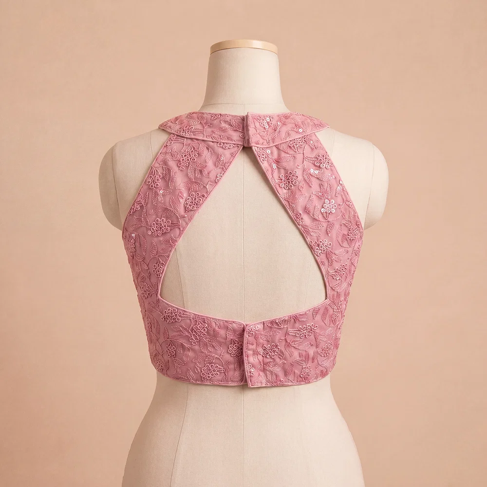 Pink Halter Neck Heavy Thread Work Net Blouse — view 3