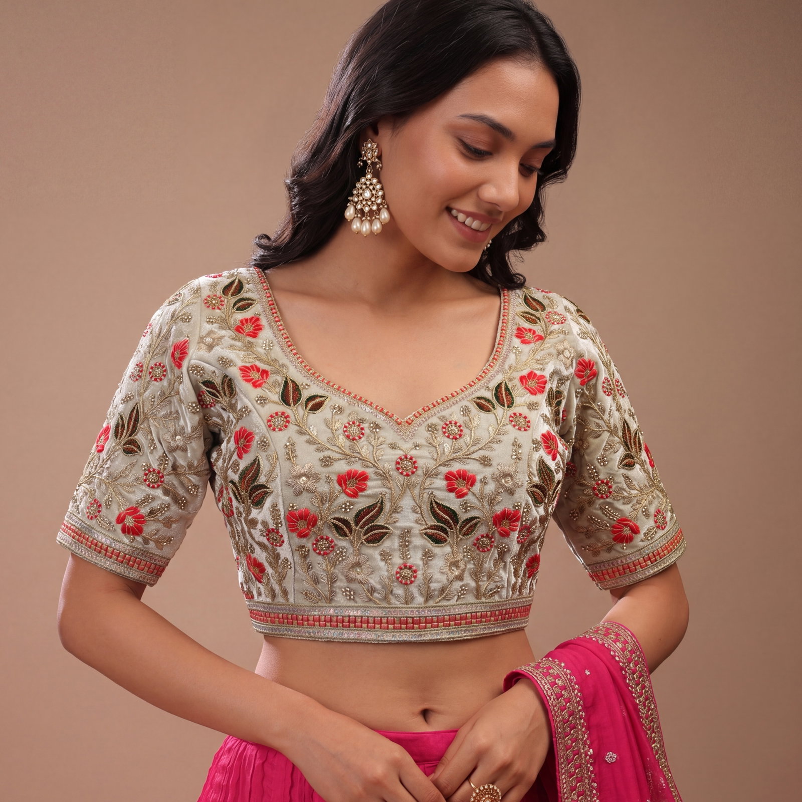 Cream Color Bridal Velvet Blouse with Diamond Handwork