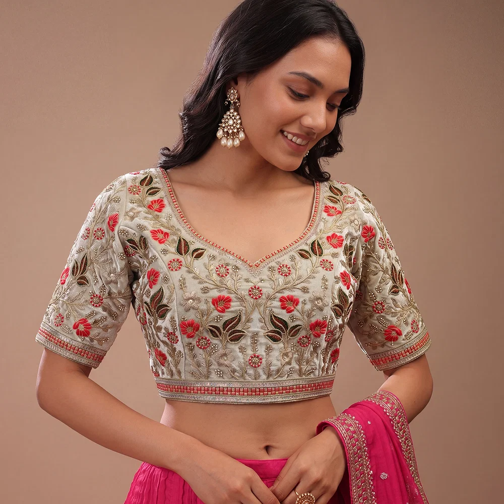 Cream Color Bridal Velvet Blouse with Diamond Handwork — view 1