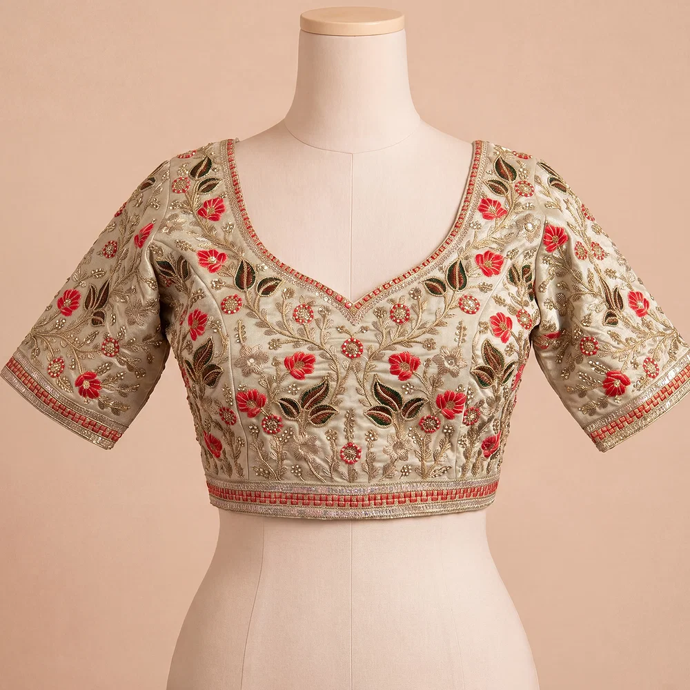 Cream Color Bridal Velvet Blouse with Diamond Handwork — view 2