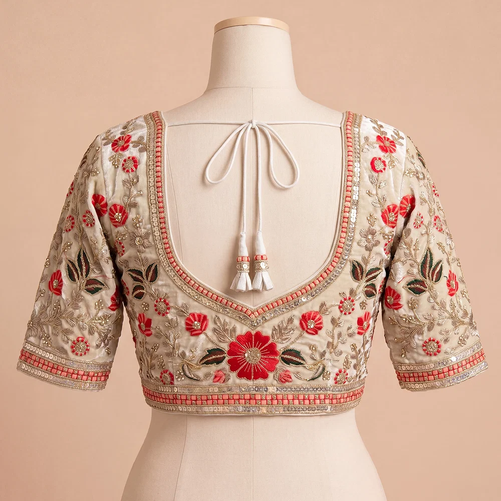 Cream Color Bridal Velvet Blouse with Diamond Handwork — view 3