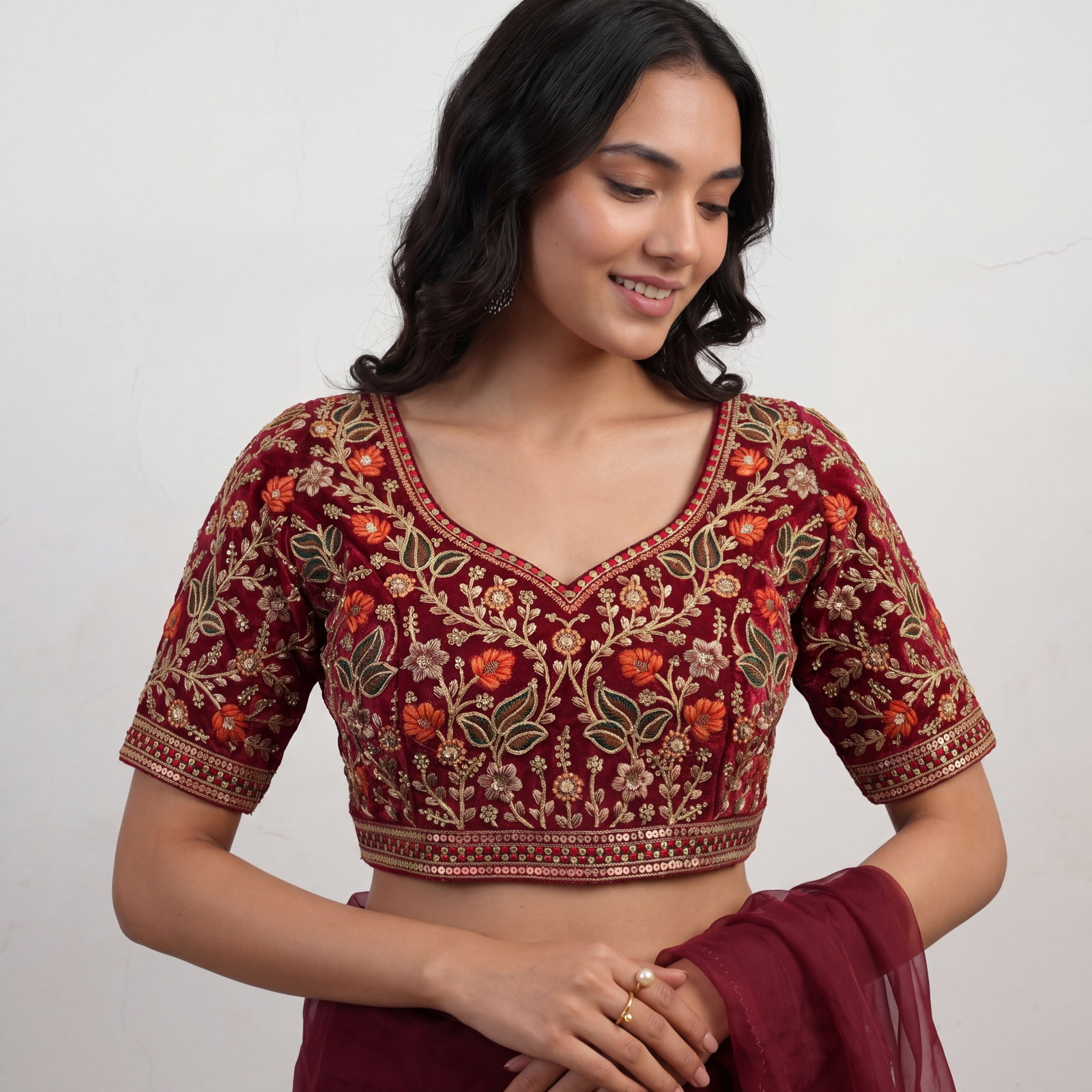 Maroon Color Bridal Velvet Blouse with Diamond Handwork
