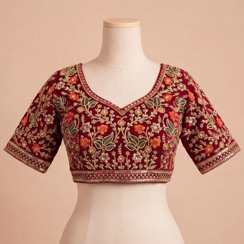 Maroon Color Bridal Velvet Blouse with Diamond Handwork — view 2