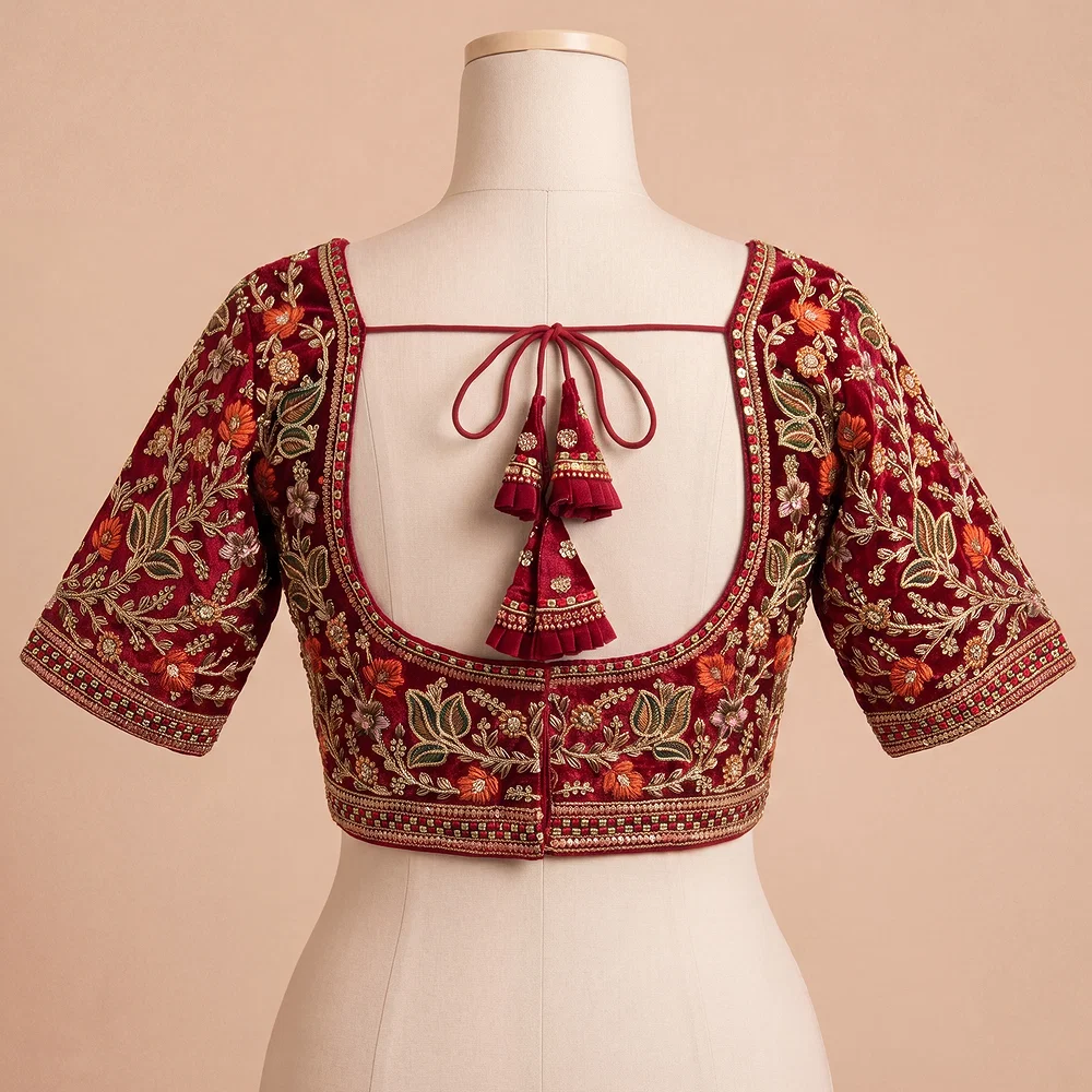 Maroon Color Bridal Velvet Blouse with Diamond Handwork — view 3