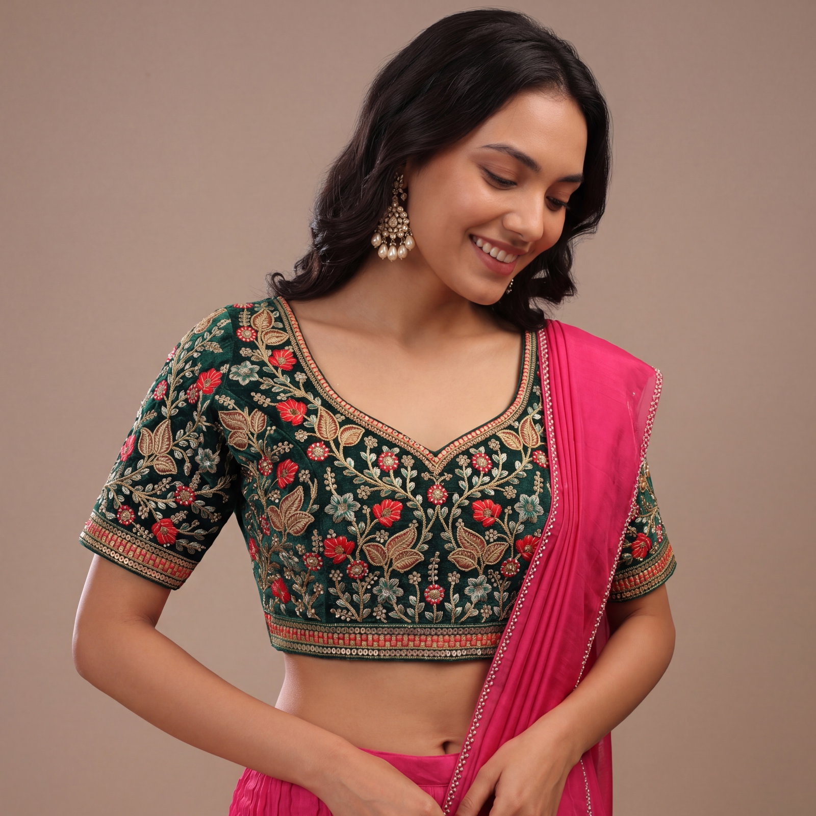 Green Color Bridal Velvet Blouse with Diamond Handwork