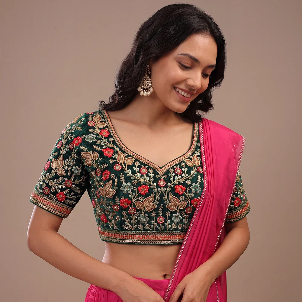 Green Color Bridal Velvet Blouse with Diamond Handwork — view 1