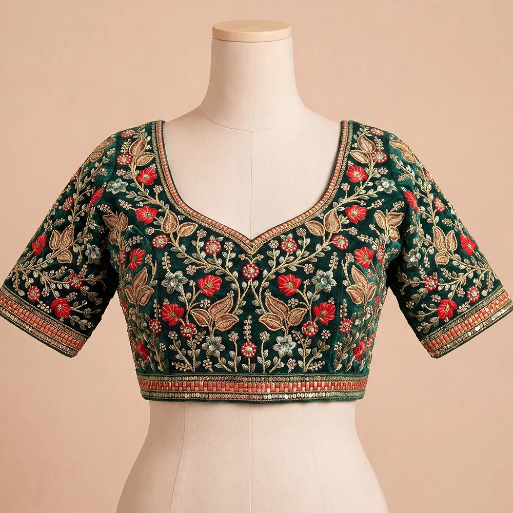 Green Color Bridal Velvet Blouse with Diamond Handwork — view 2