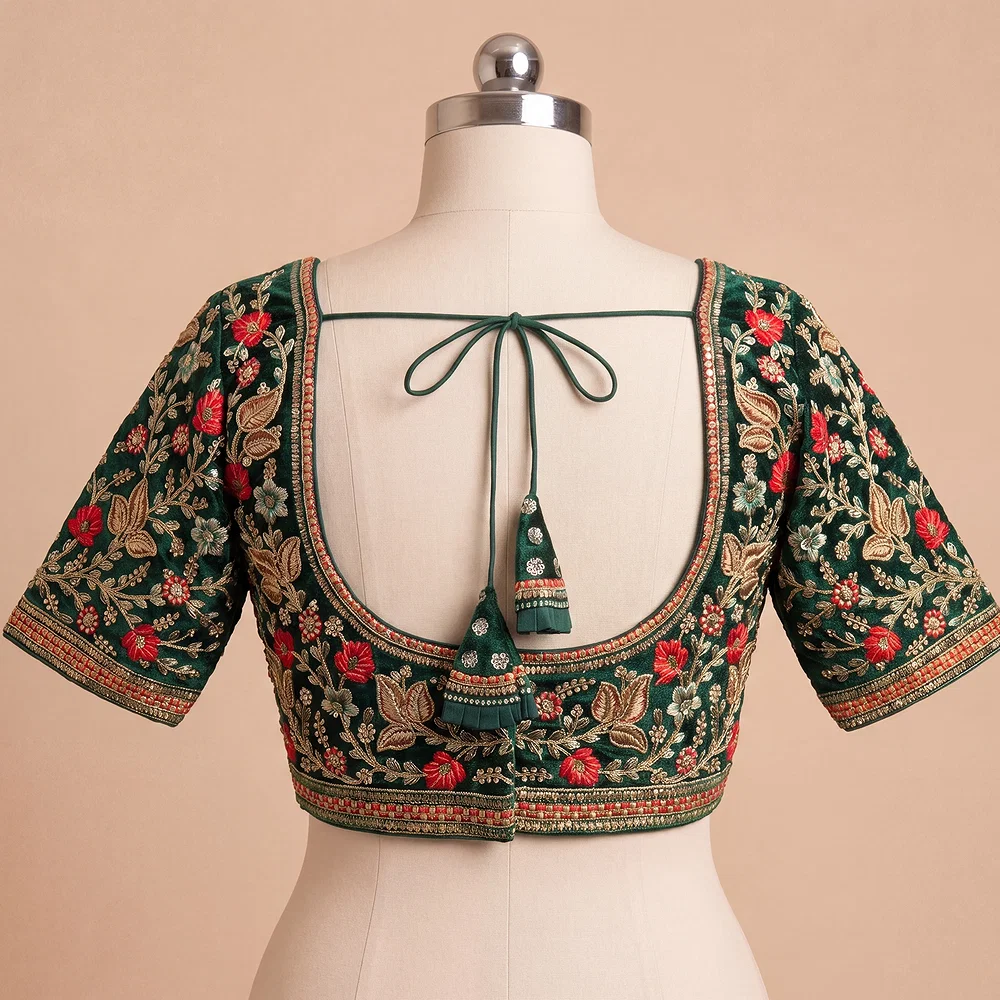 Green Color Bridal Velvet Blouse with Diamond Handwork — view 3