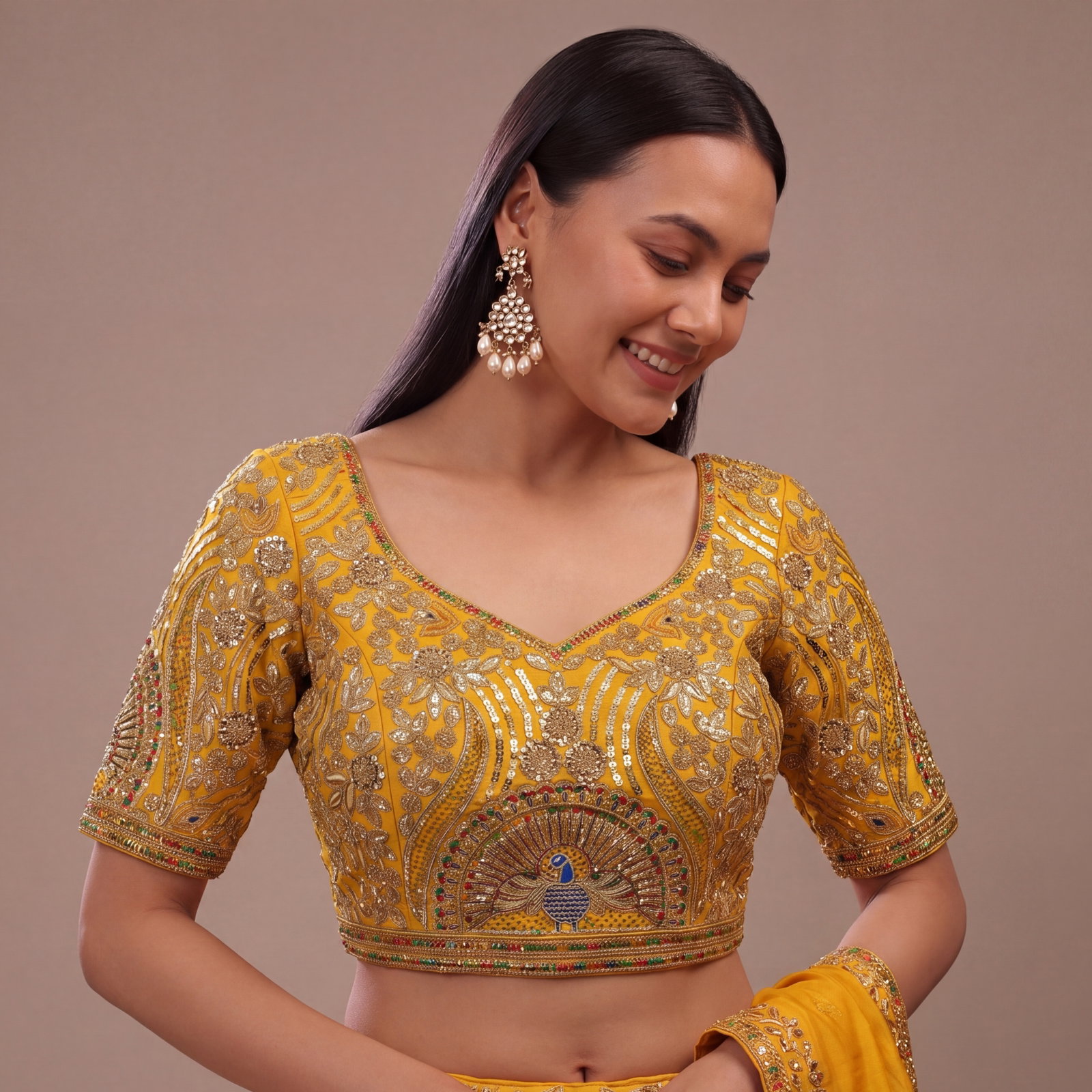 Mustard Italian Silk Codding Sequence Peacock Work Bridal Blouse