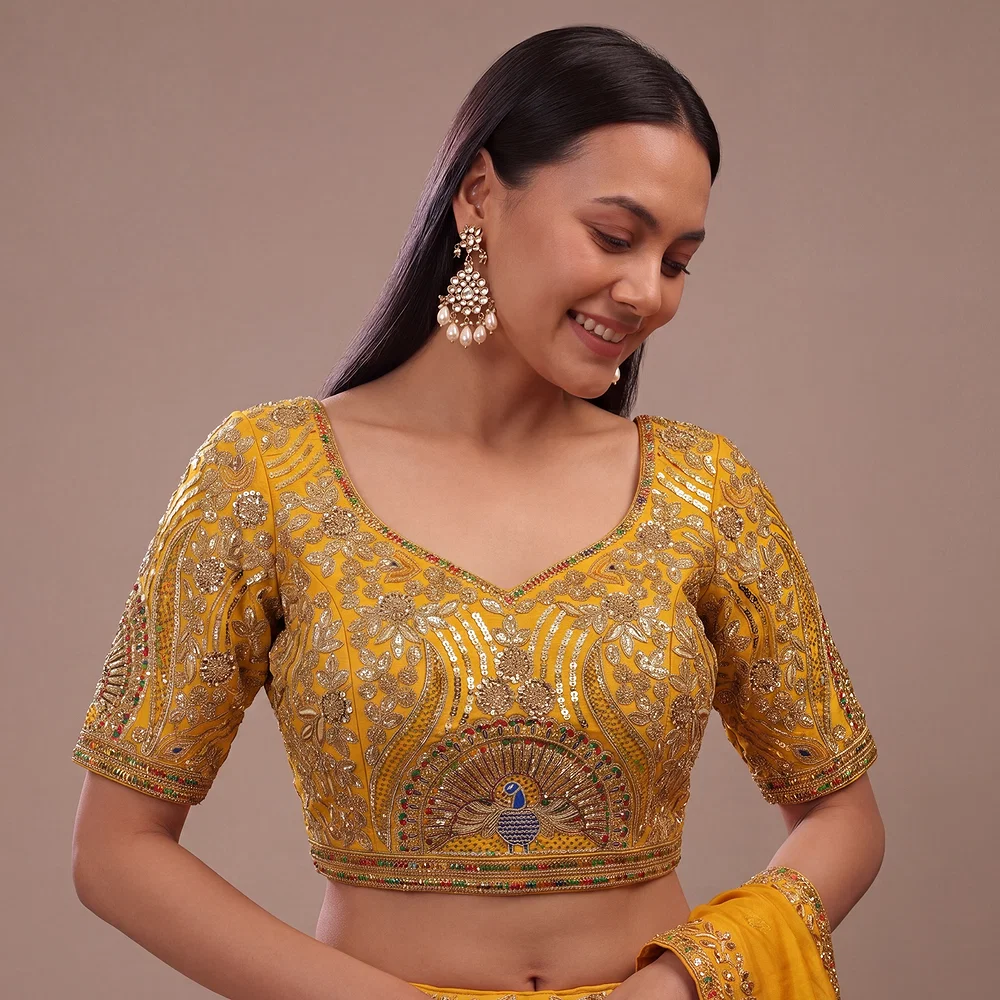 Mustard Italian Silk Codding Sequence Peacock Work Bridal Blouse — view 1