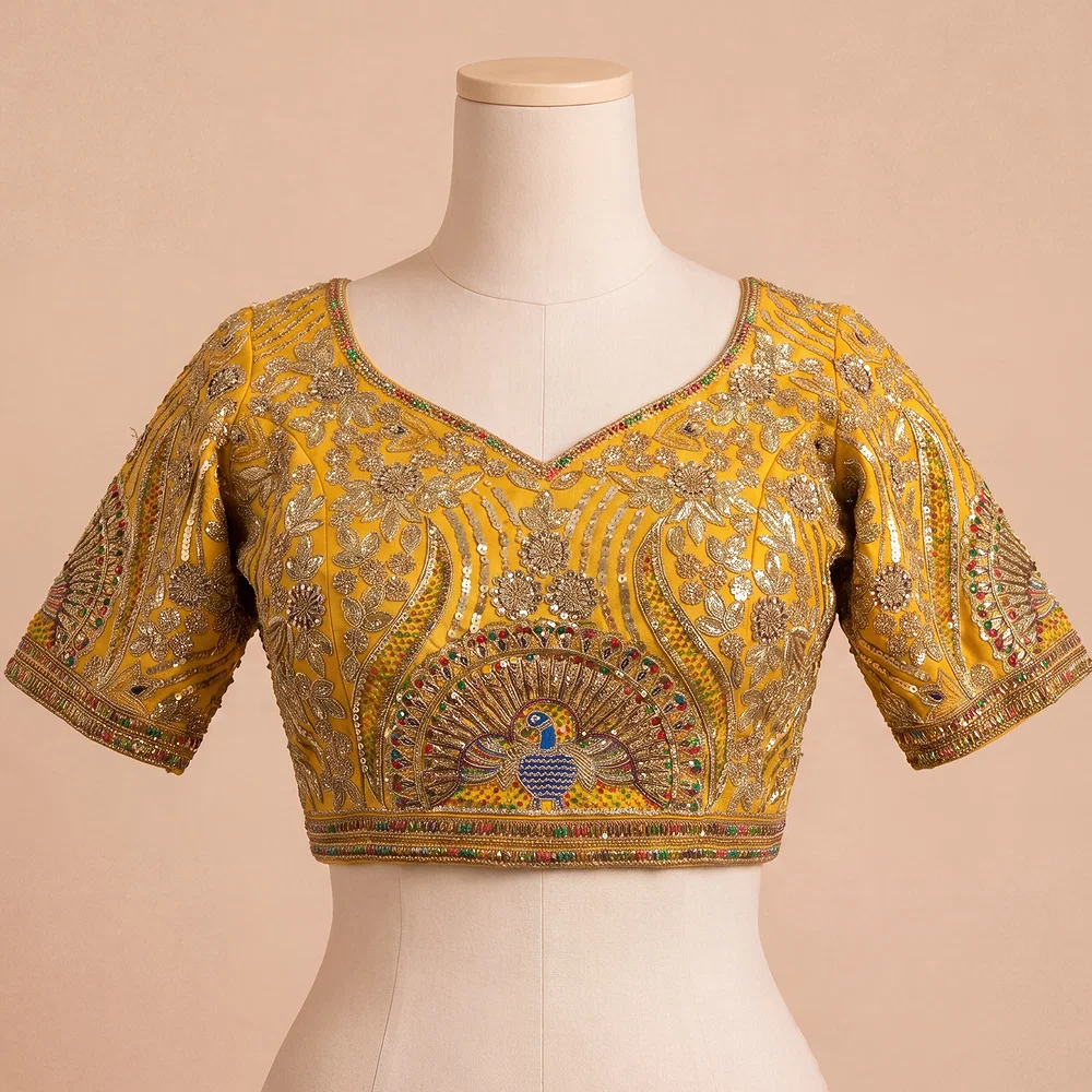 Mustard Italian Silk Codding Sequence Peacock Work Bridal Blouse — view 2