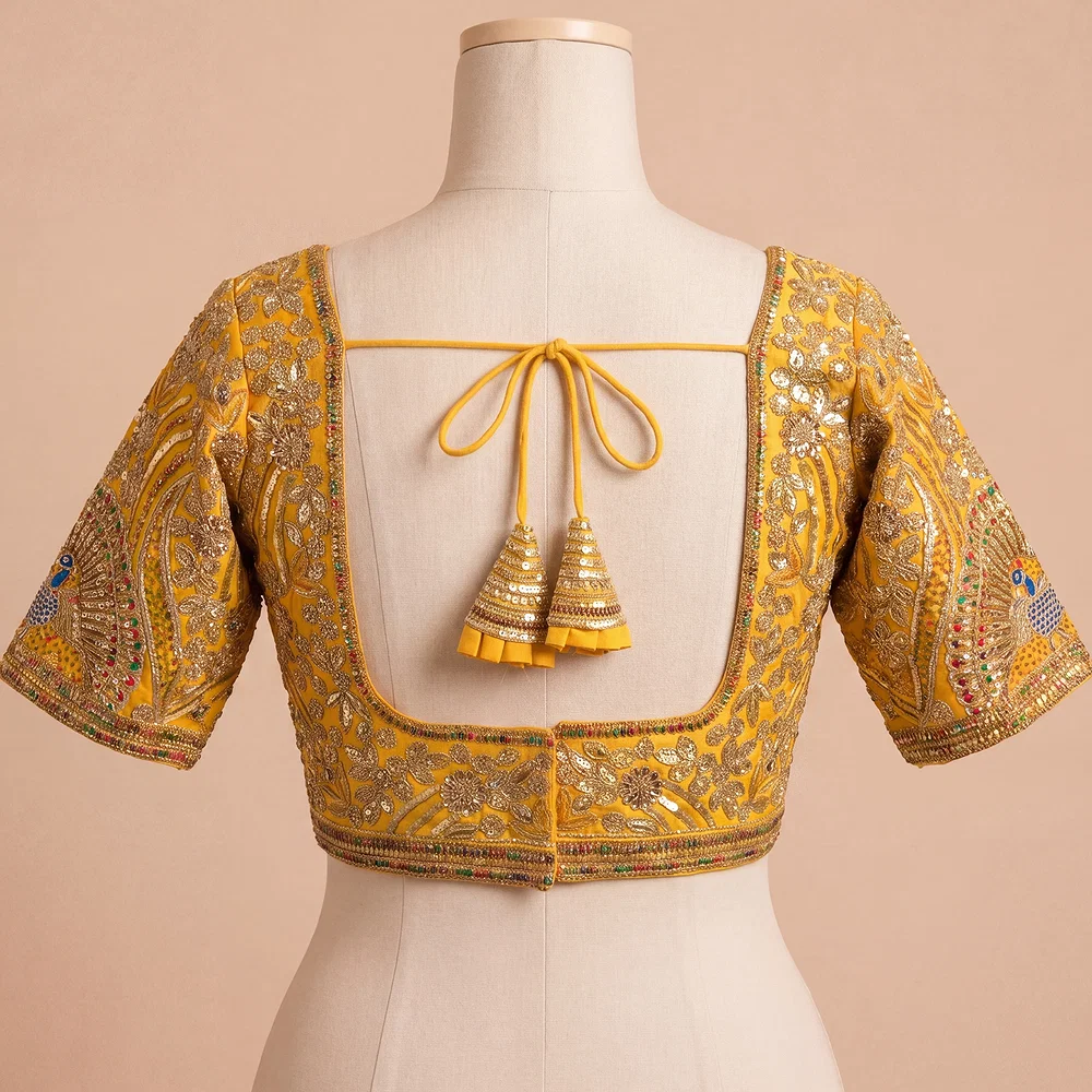 Mustard Italian Silk Codding Sequence Peacock Work Bridal Blouse — view 3