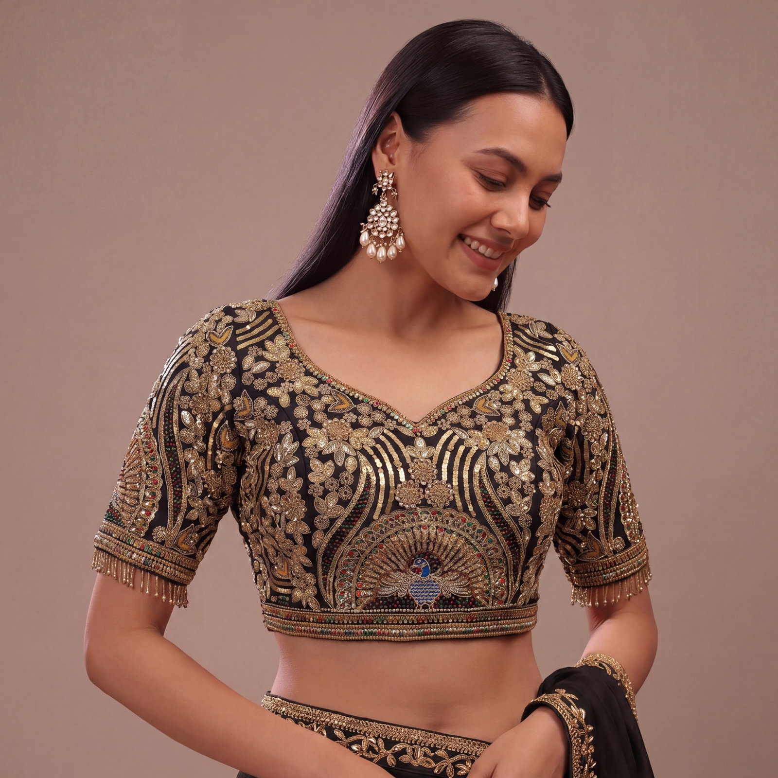 Black Italian Silk Codding Sequence Peacock Work Bridal Blouse