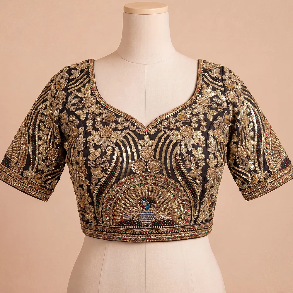Black Italian Silk Codding Sequence Peacock Work Bridal Blouse — view 2